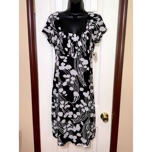 Madison Black White Floral Print Dress Short Sleeve Square Neck New with‎ Tags